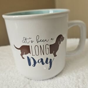White Ceramic Dog Accent Mug with Blue Interior - It's Been a Long Day